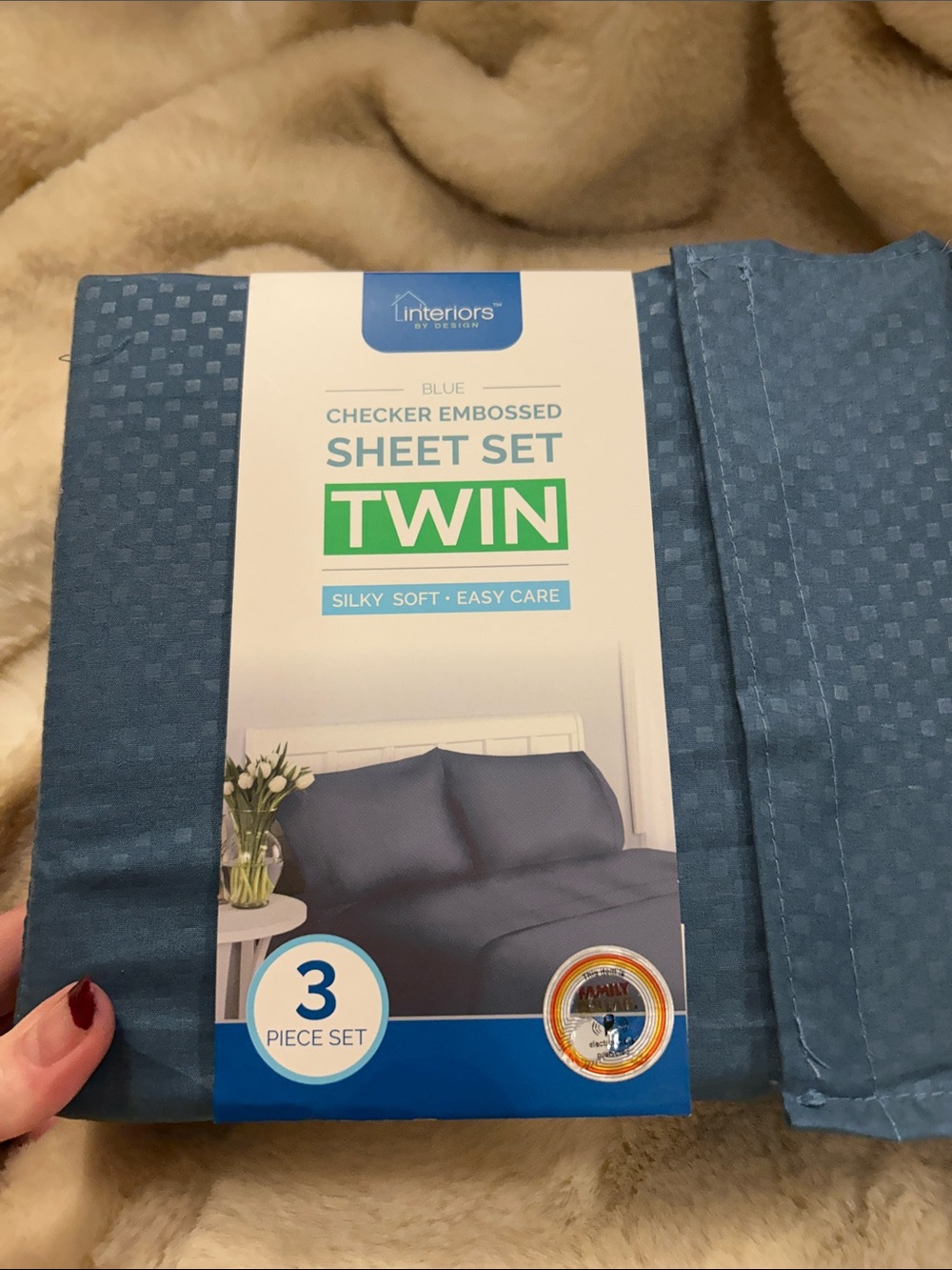 Blue Checker Embossed Twin Sheet Set - Silky Soft. NWT